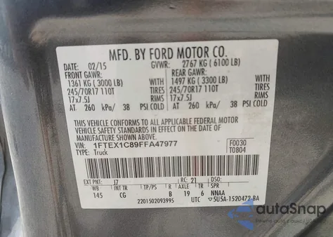 2015 Ford F-150 Xl z USA, uszkodzony, nr VIN 1FTEX1C89FFA47977